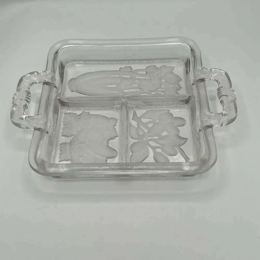 MCM Intaglio 1940's Vintage Clear & Frosted Glass Serving Divided Tray Handles